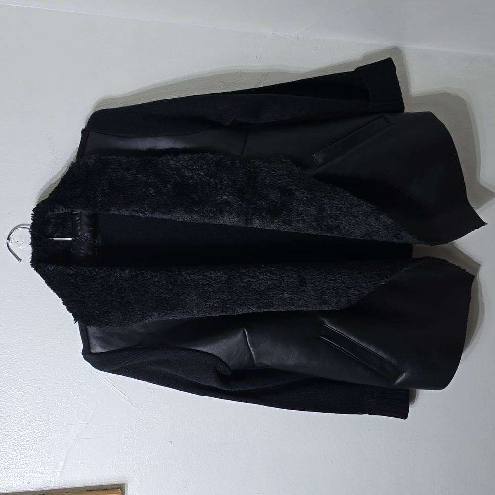 Zara Woman Black Open Front Leather Knit Jacket